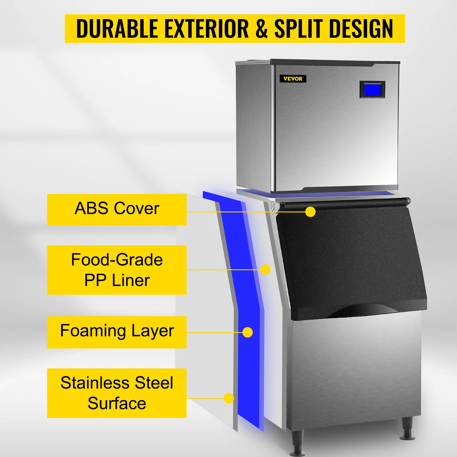 VEVOR commercial ice maker with abs cover, food-grade pp liner, foam layer, and stainless steel surface.