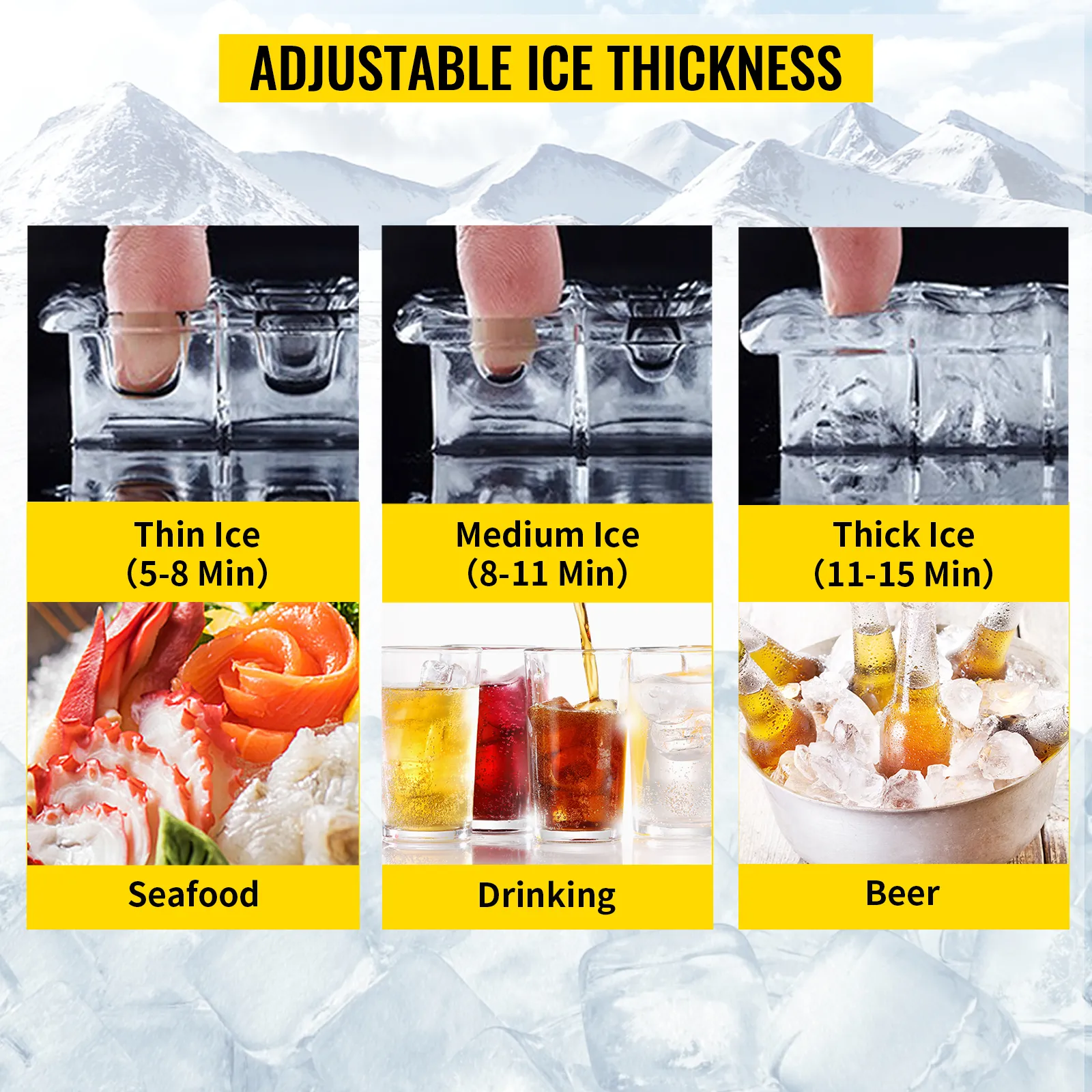 adjustable ice thickness options for seafood, drinks, and beer with VEVOR commercial ice maker.