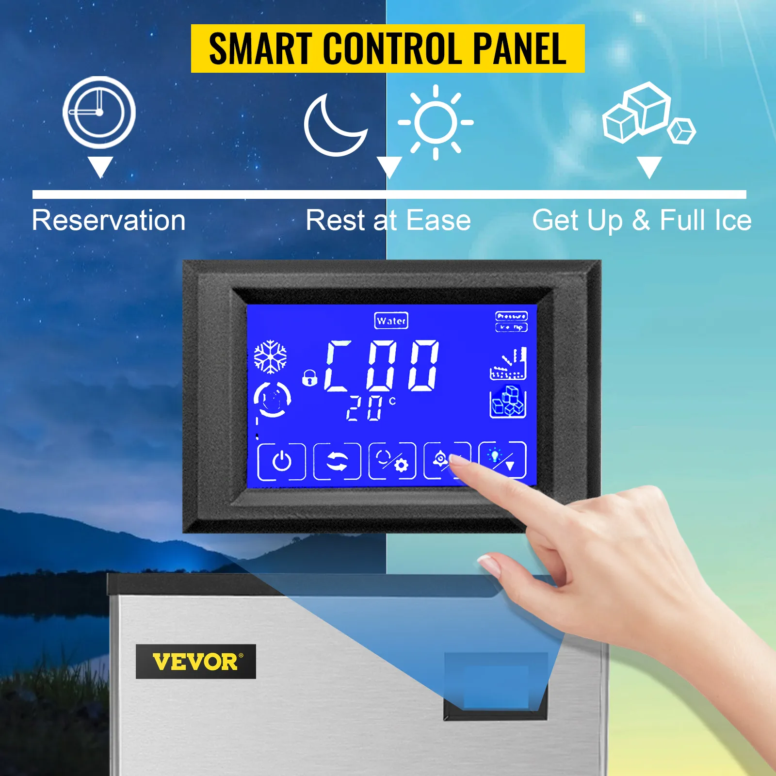 VEVOR commercial ice maker with smart control panel and touchscreen operation.