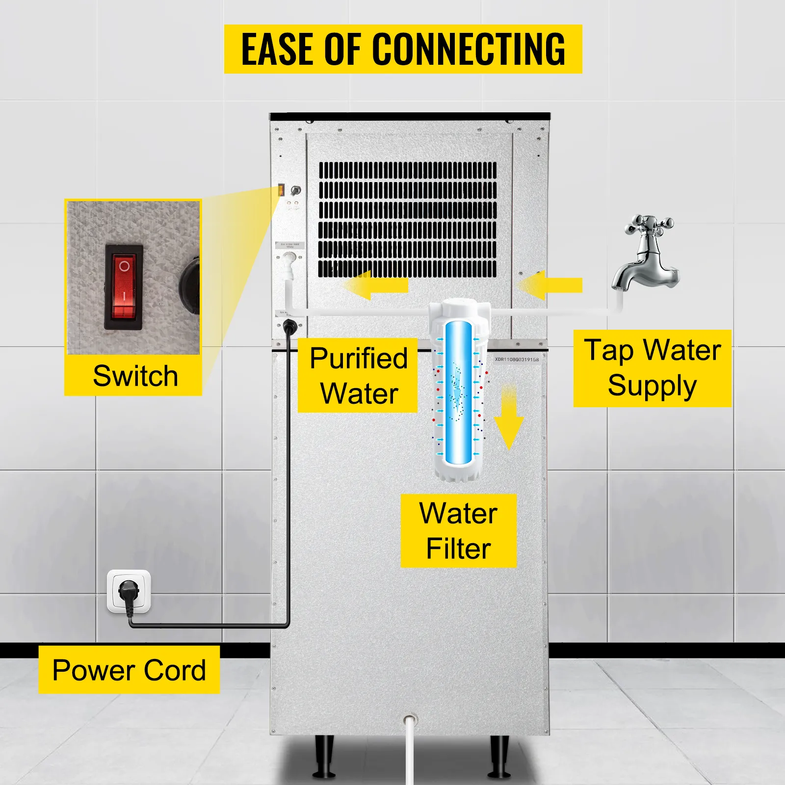 VEVOR commercial ice maker connection setup with switch, power cord, and water filter.