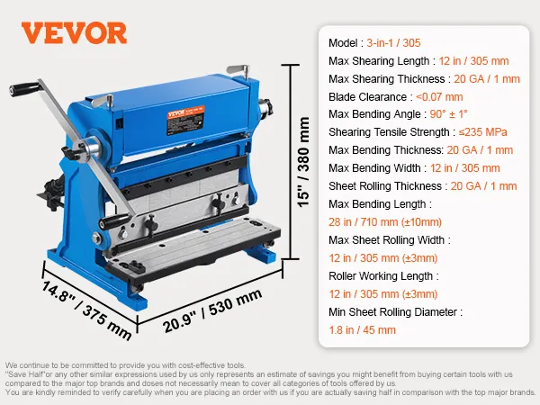 VEVOR sheet metal brake 3-in-1/305, blue machine with specifications for shearing, bending, and rolling.