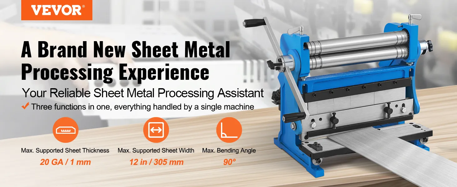 VEVOR sheet metal brake with adjustable rollers, handles 20 ga thickness, 12 in width, 90° bending angle.