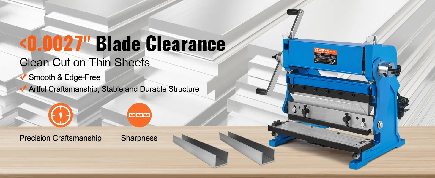 VEVOR sheet metal brake with <0.0027" blade clearance for smooth, edge-free cuts on thin sheets.