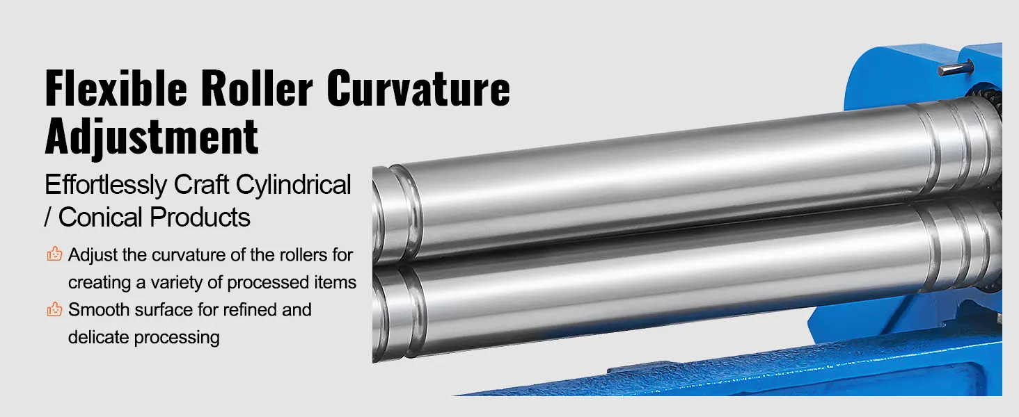 VEVOR sheet metal brake with adjustable rollers for crafting cylindrical and conical products.