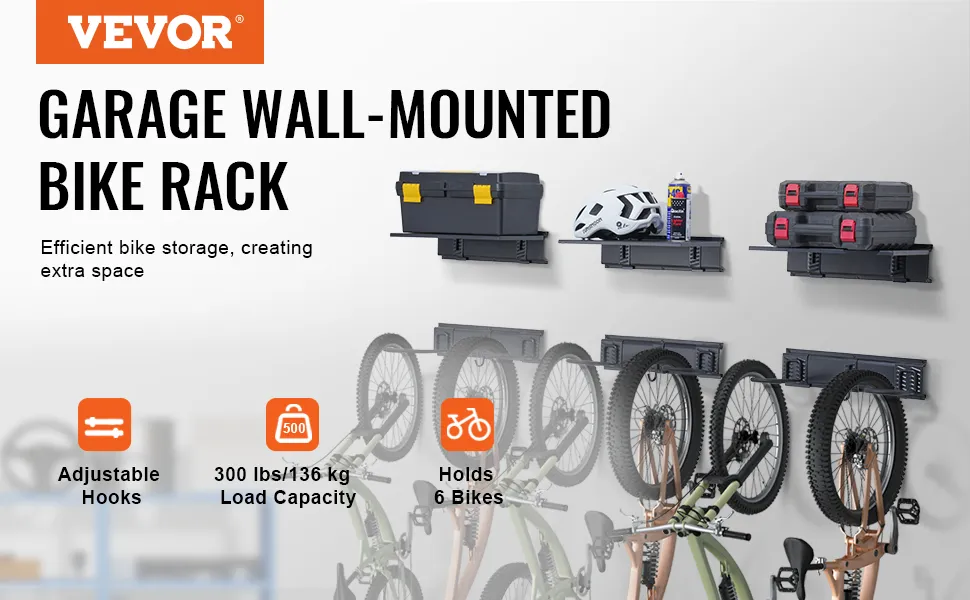 VEVOR bike storage rack with wall-mounted hooks, 300 lbs load capacity, holding 6 bikes in a garage.