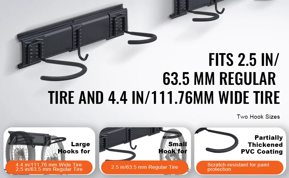 VEVOR bike storage rack features hooks for 2.5-inch regular and 4.4-inch wide tires, scratch-resistant pvc.