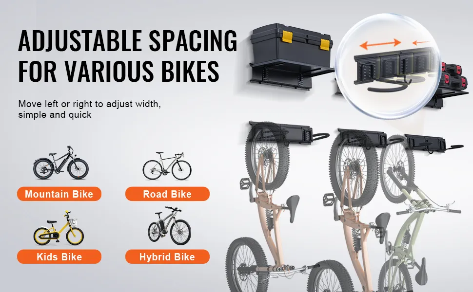 VEVOR bike storage rack features adjustable spacing for mountain, road, hybrid, and kids bikes.