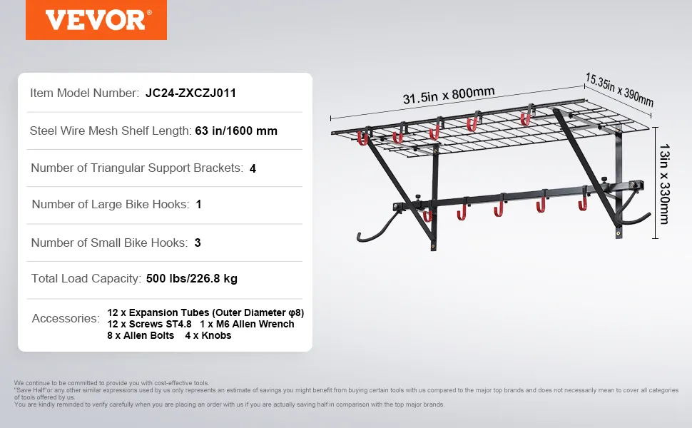VEVOR bike storage rack with steel wire mesh shelf, supports up to 500 lbs, multiple hooks included.
