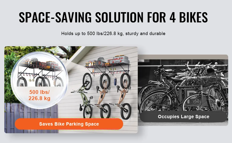VEVOR bike storage rack holds 4 bikes, saving space, supports 500 lbs, sturdy and durable.