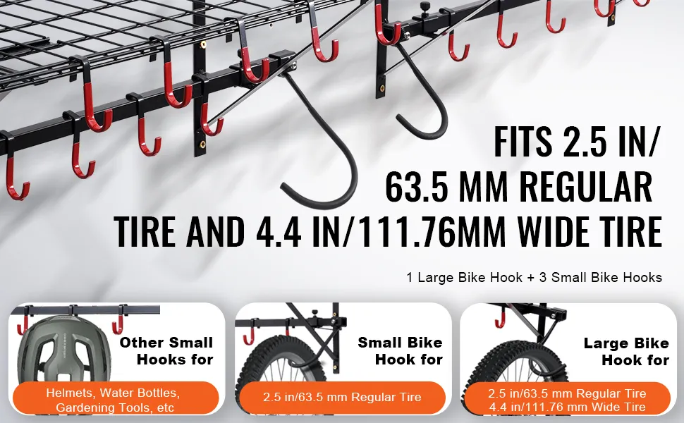 VEVOR bike storage rack with hooks for helmets, water bottles, and tires of different sizes