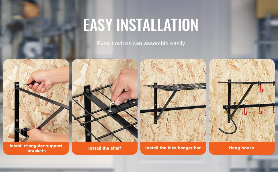 easy installation steps for VEVOR bike storage rack: bracket, shelf, hanger bar, and hooks assembly.