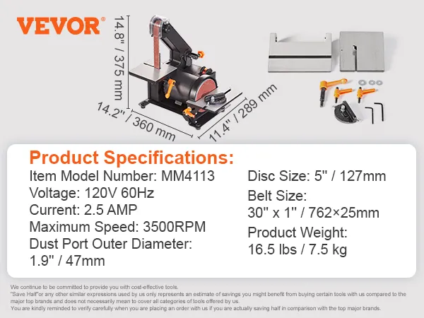 Lijadora de disco de banda VEVOR con dimensiones, accesorios y especificaciones detalladas del producto.