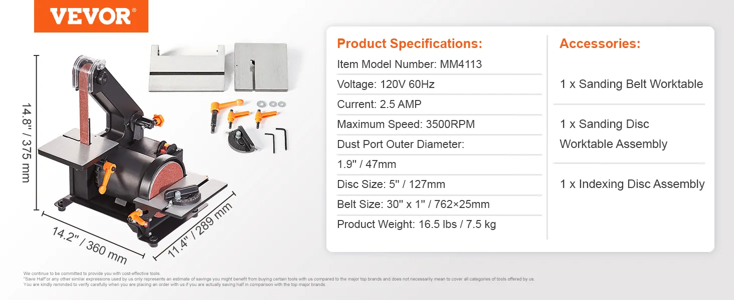 Lijadora de disco de banda VEVOR con dimensiones, accesorios y especificaciones detalladas del producto.