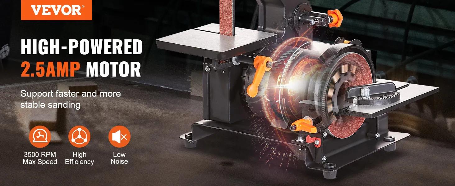Lijadora de disco de banda VEVOR con motor de 2,5 amperios de alta potencia para un lijado eficiente y silencioso.