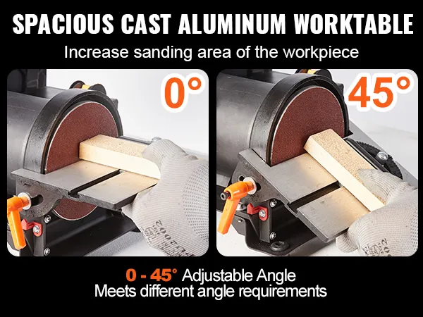 Lijadora de disco de banda VEVOR con espaciosa mesa de trabajo de aluminio fundido, ángulos ajustables de 0° a 45°.