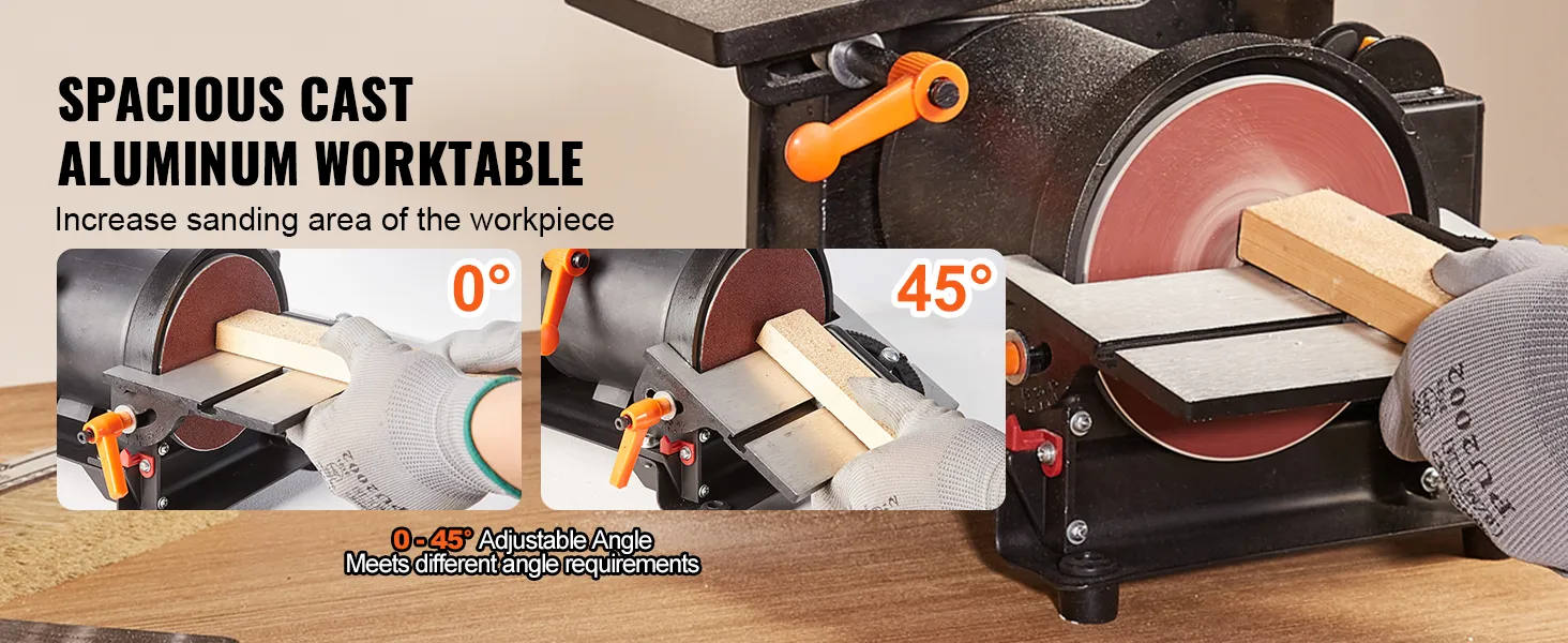 Lijadora de disco de banda VEVOR con espaciosa mesa de trabajo de aluminio fundido, ángulos ajustables de 0° a 45°.