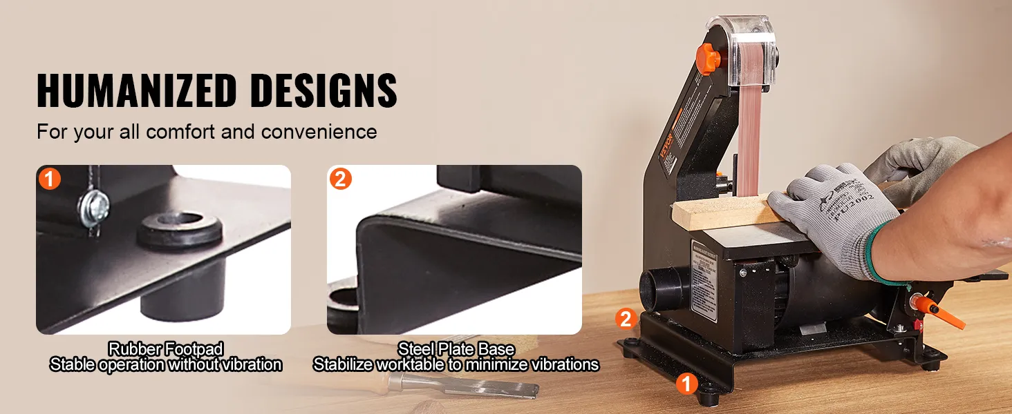 Lijadora de disco de banda VEVOR con almohadilla de goma, base de placa de acero y operación de usuario ergonómica.