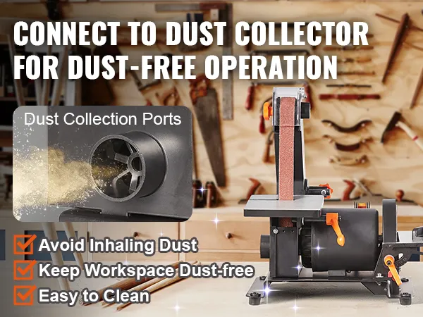 Lijadora de disco de banda VEVOR con puertos de recolección de polvo para un espacio de trabajo limpio en un taller de carpintería.