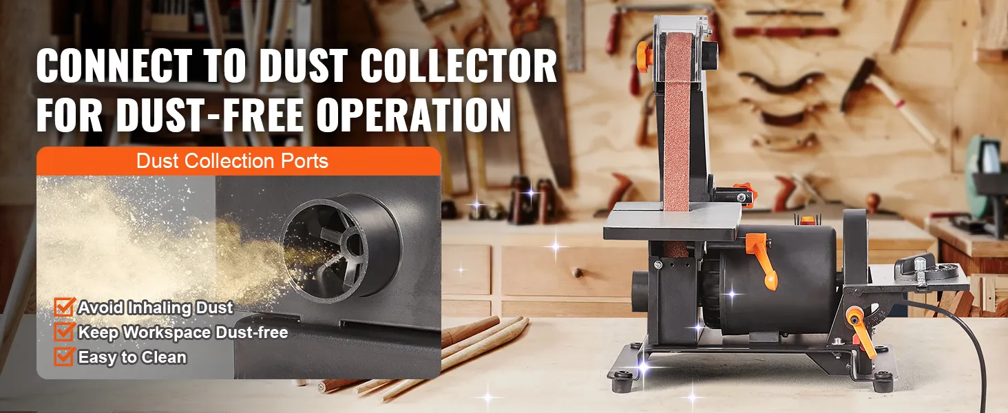 Lijadora de disco de banda VEVOR con puertos de recolección de polvo para un espacio de trabajo limpio en un taller de carpintería.