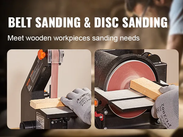Lijadora de banda y disco VEVOR en uso para lijar piezas de madera, con lijadoras de banda y de disco.