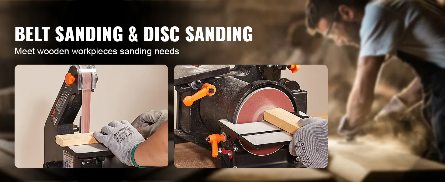 Lijadora de banda y disco VEVOR en uso para lijar piezas de madera, con lijadoras de banda y de disco.