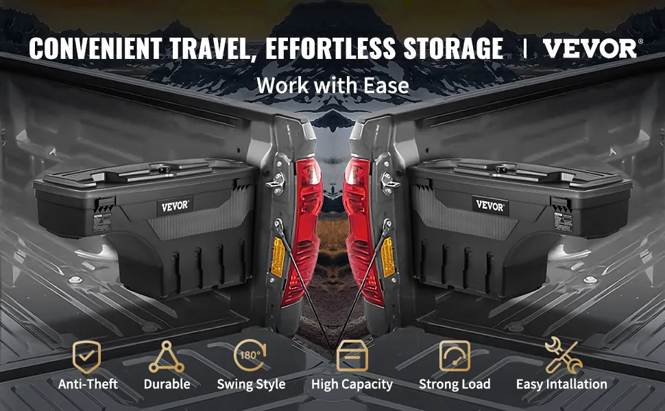 VEVOR tundra truck bed tool box with dual swing style, anti-theft lock, and high capacity.