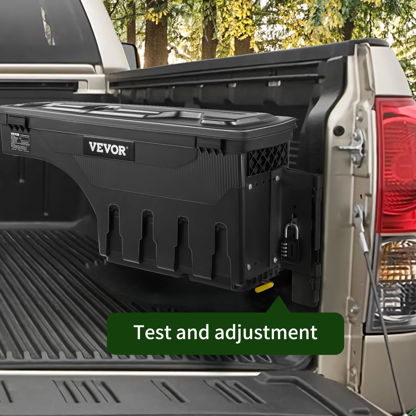 VEVOR tundra truck bed tool box securely installed in a truck bed with surrounding trees in the background.