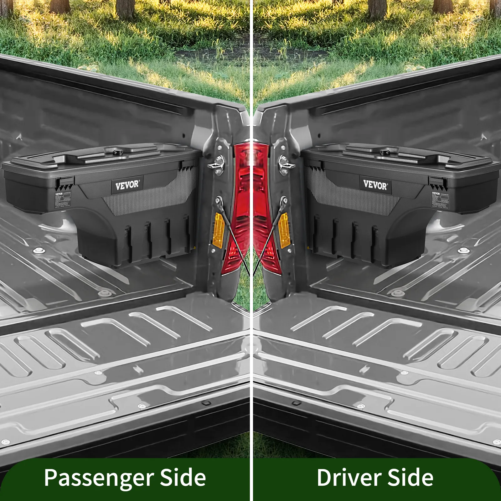 VEVOR tundra truck bed tool box installed on both passenger and driver sides of a truck bed.