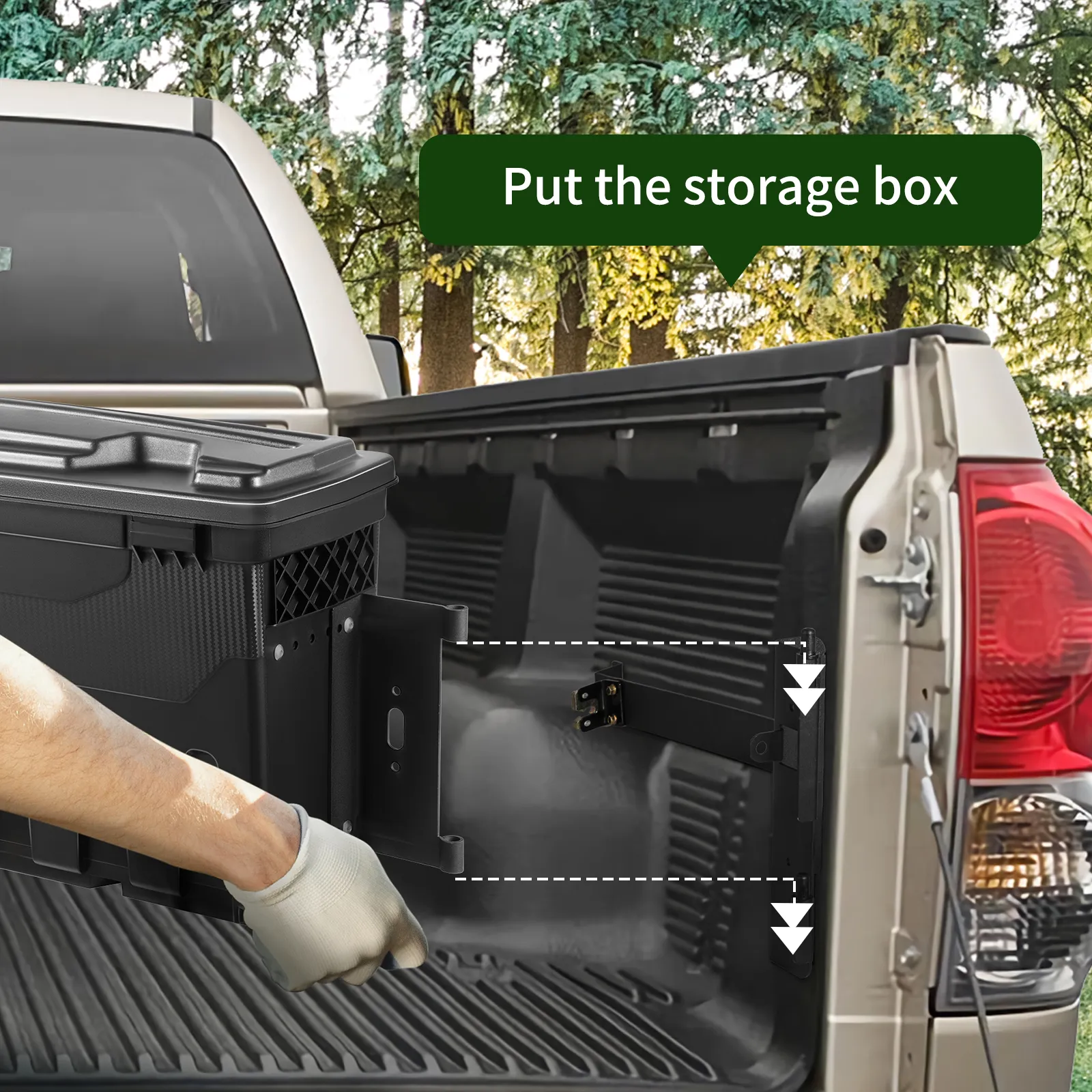 installing VEVOR tundra truck bed tool box in pickup truck bed in a forested area.