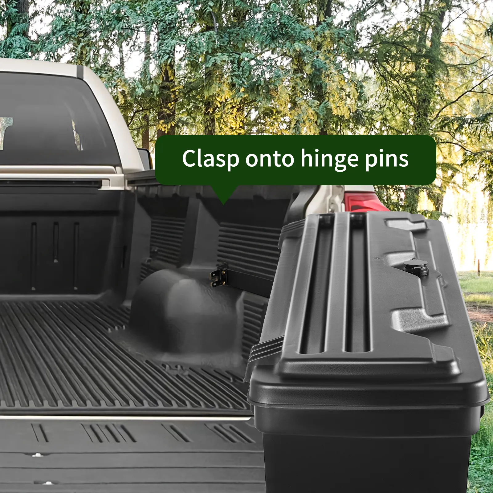 VEVOR tundra truck bed tool box with clasp on hinge pins in a pickup bed, set against outdoor trees.