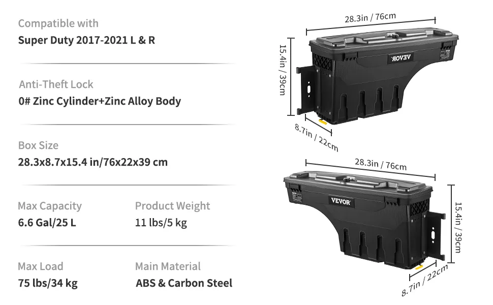 VEVOR truck bed storage tool box compatible with super duty 2017-2021, anti-theft lock, abs & carbon steel.