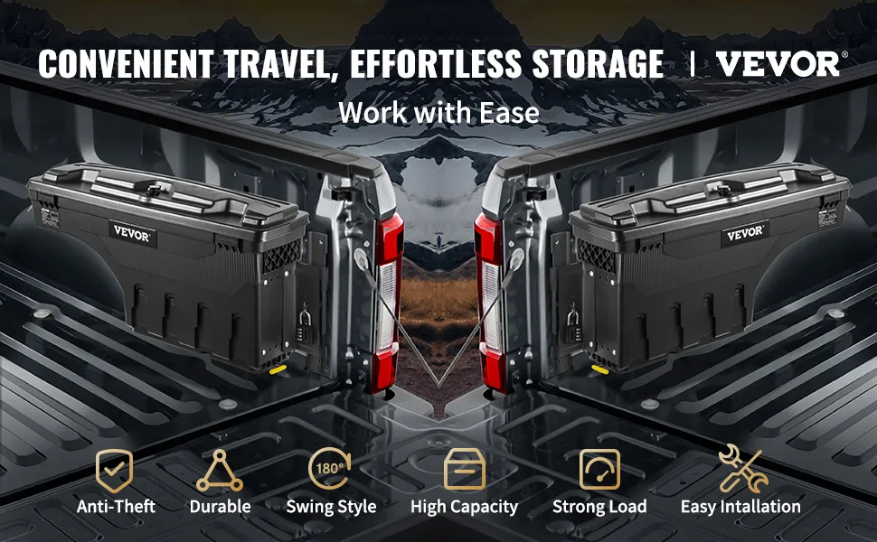 VEVOR truck bed storage tool box showcasing secure, durable, high capacity, and easy-to-install features.