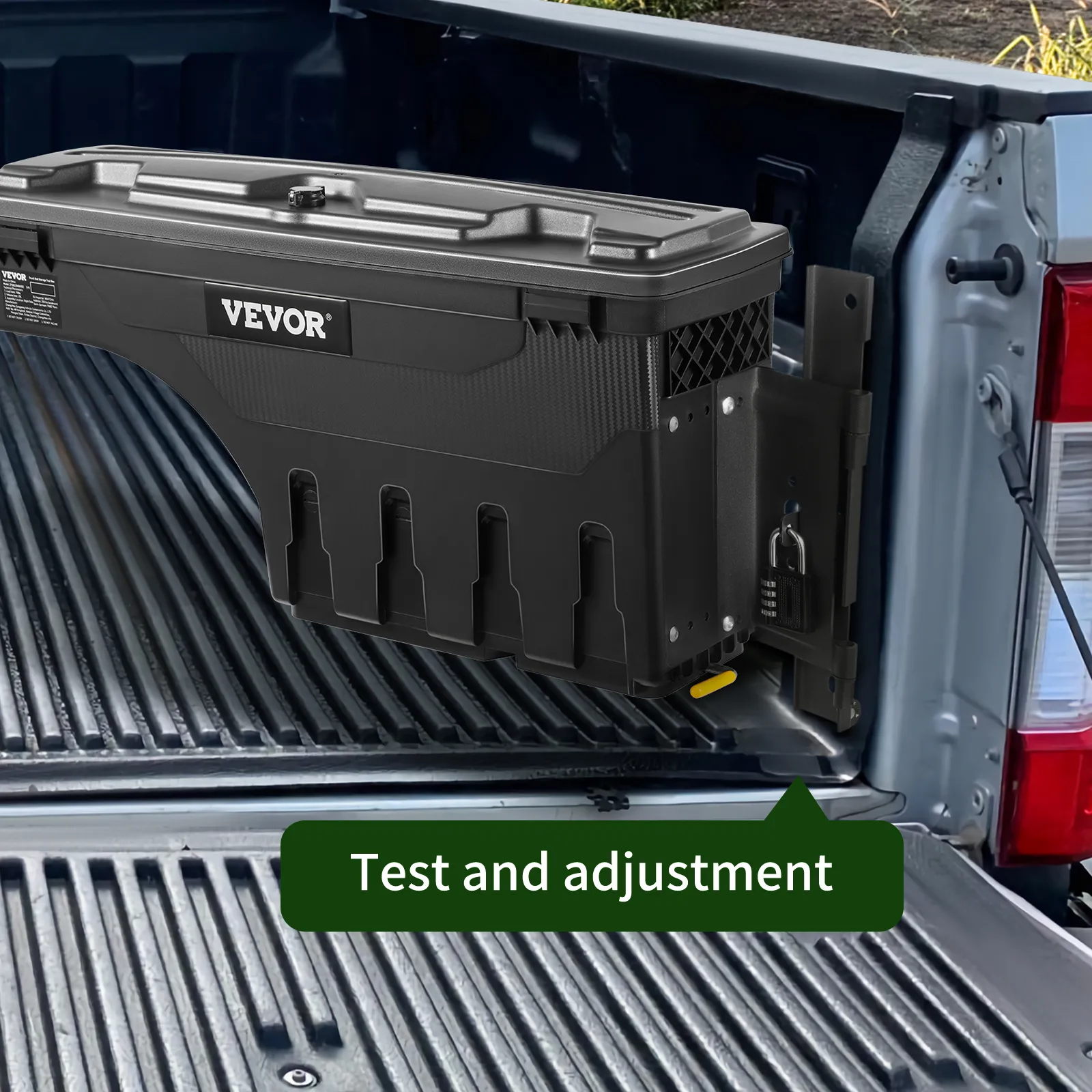 VEVOR truck bed storage tool box mounted in a pickup bed with "test and adjustment" text.