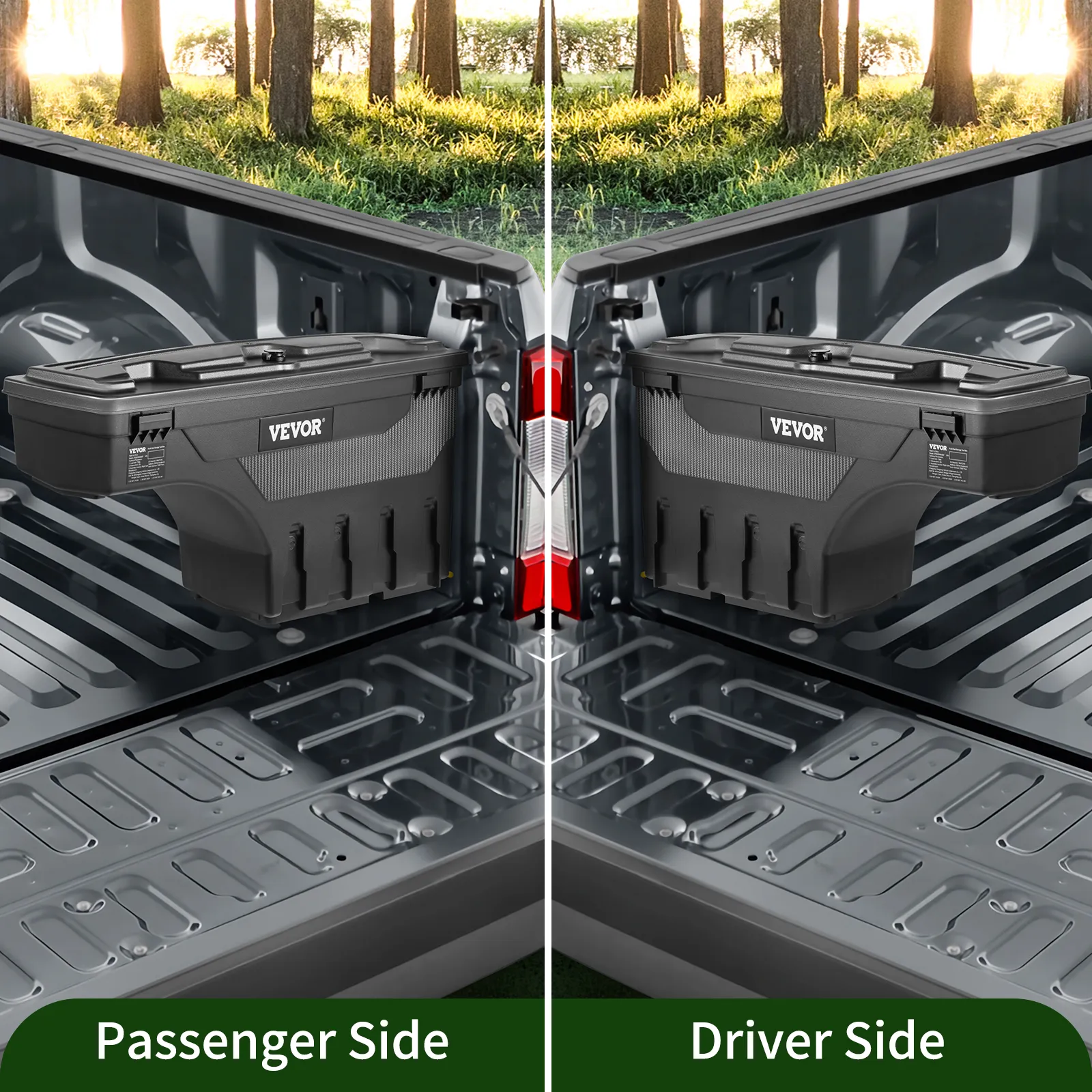 VEVOR truck bed storage tool box mounted on passenger and driver sides of a truck bed in a forest setting.