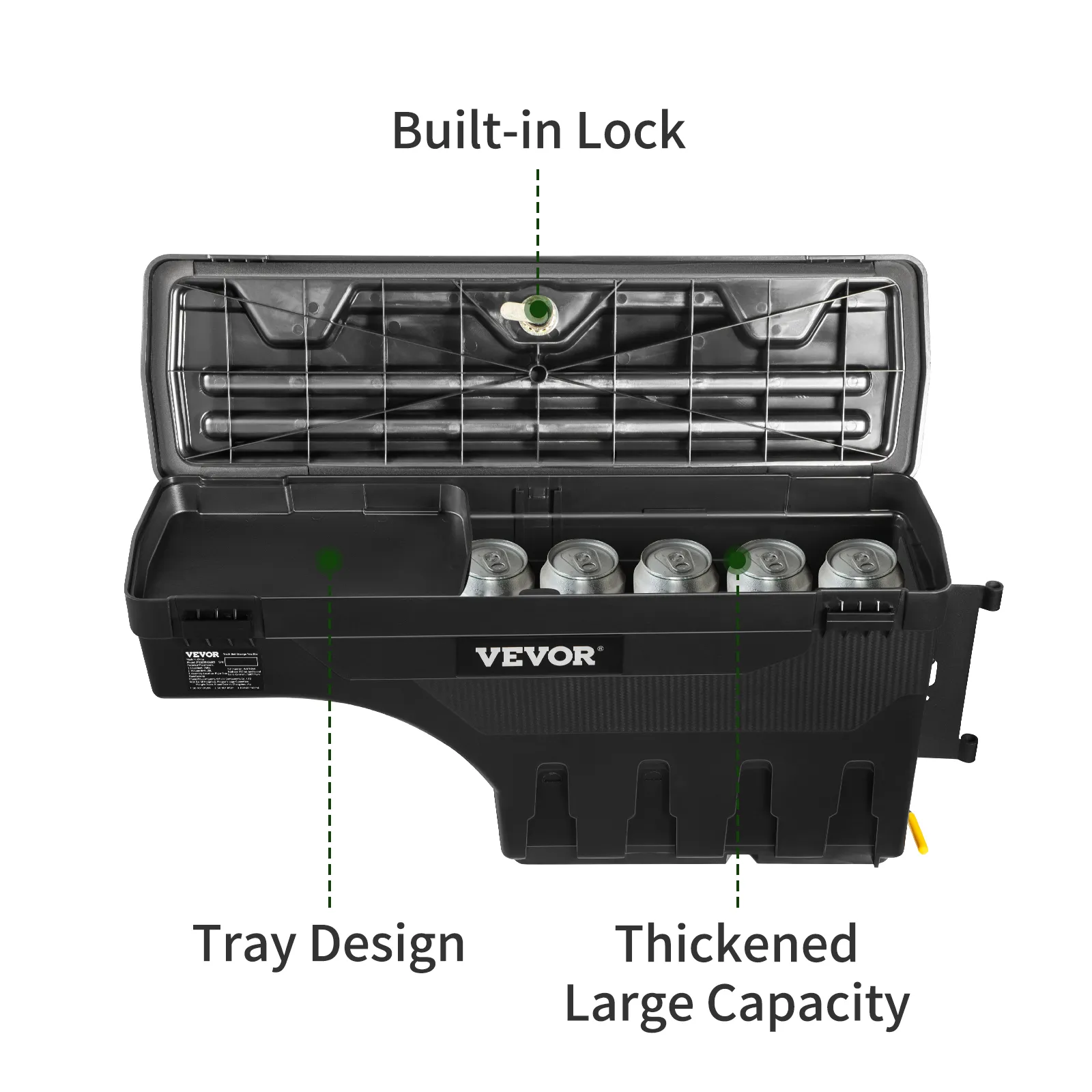 VEVOR truck bed storage tool box with built-in lock, tray design, and thickened large capacity.