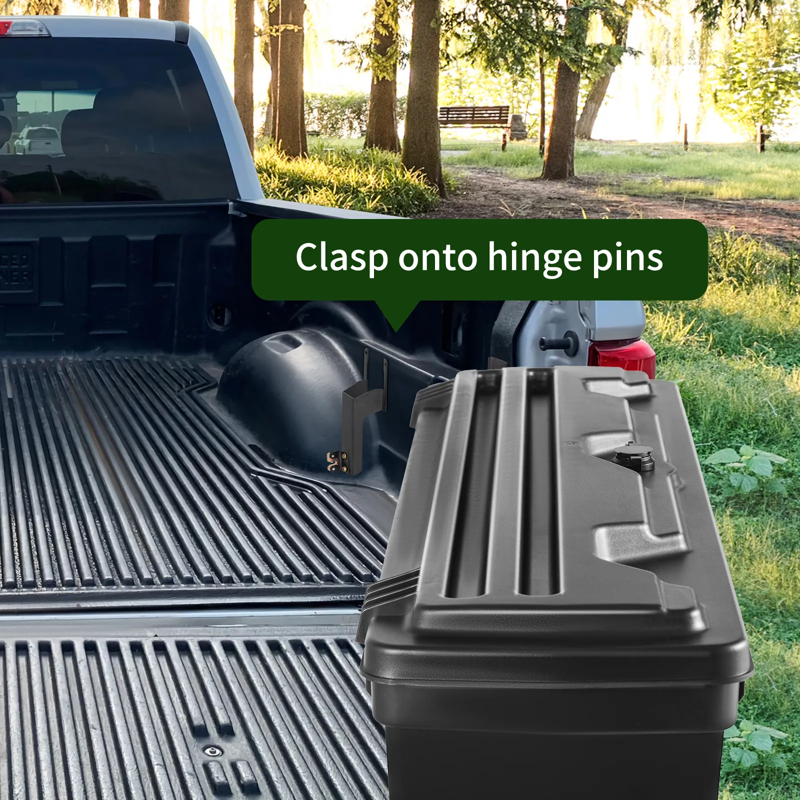 VEVOR truck bed storage tool box mounted in pickup truck bed with instruction text: "clasp onto hinge pins".