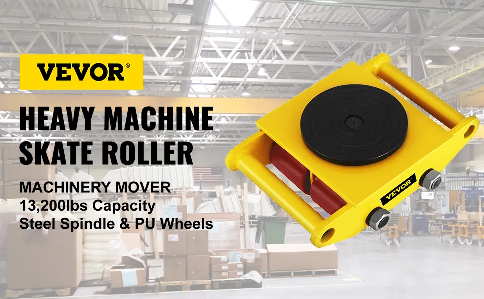 VEVOR industrial machinery moving skate with 13,200lbs capacity, steel spindle, and pu wheels in a warehouse.