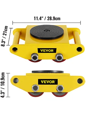 yellow VEVOR industrial machinery moving skate with dimensions (11.4"x8.3" and 4.3"x10.9").