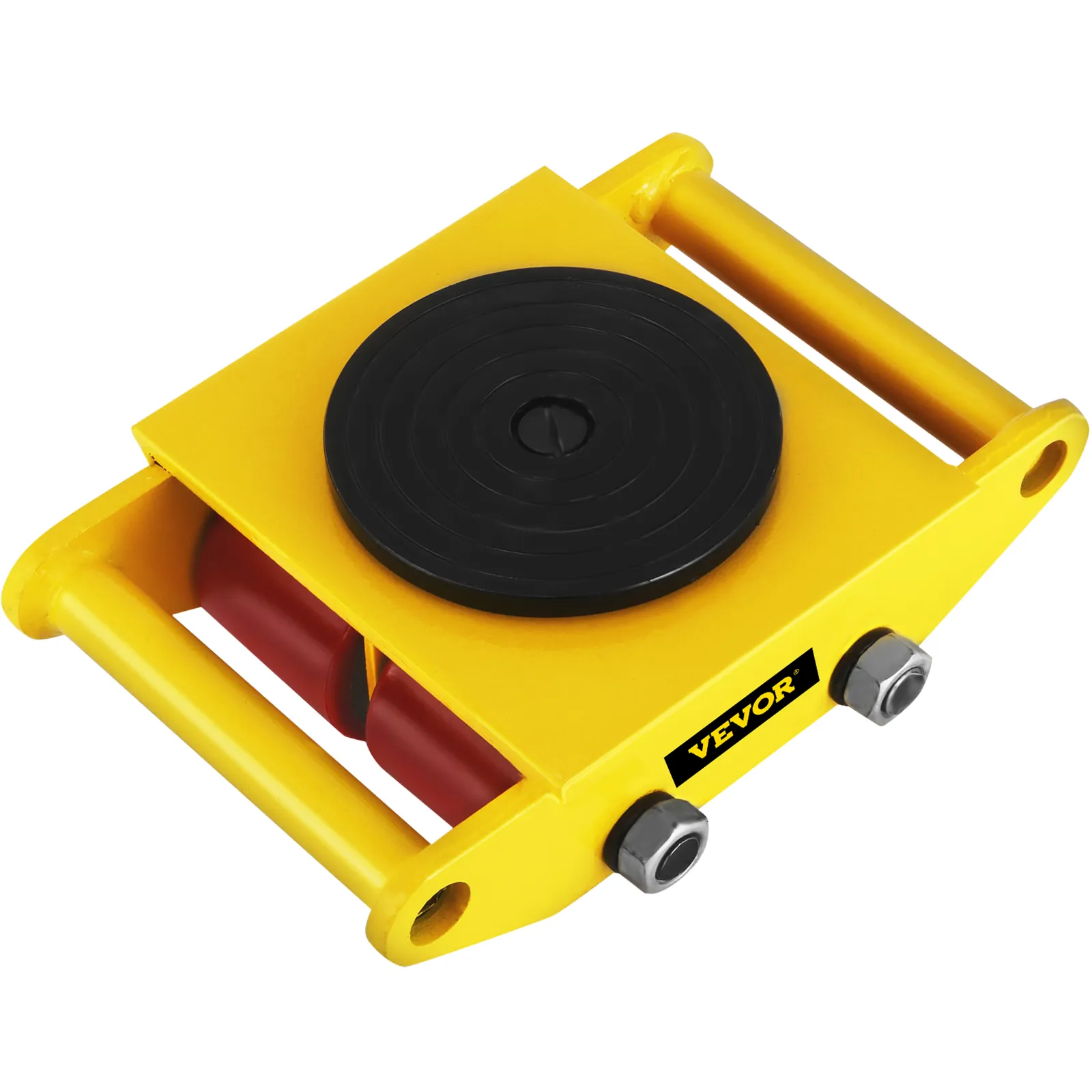 yellow VEVOR industrial machinery moving skate with red rollers and black top plate.