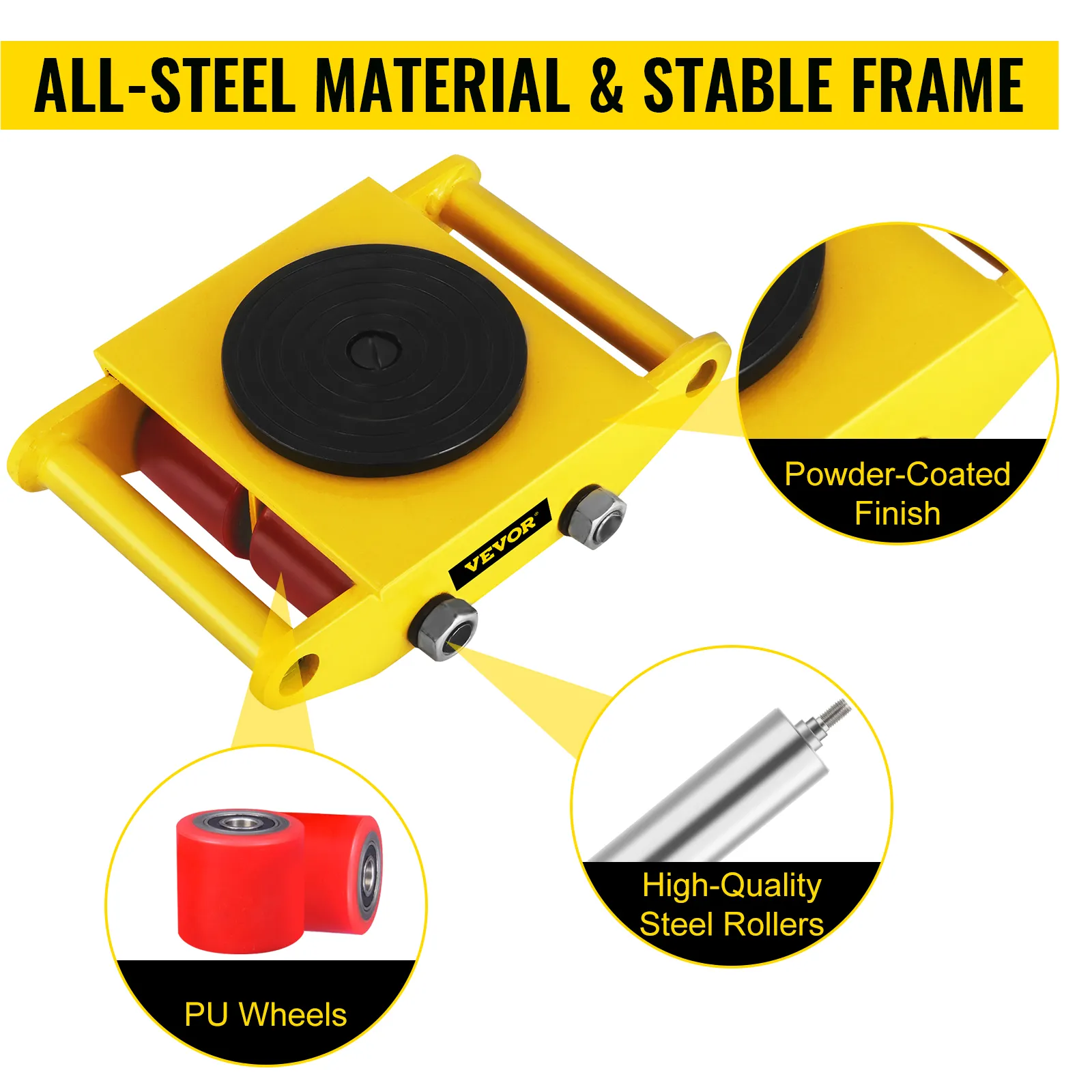 yellow VEVOR industrial machinery moving skate with pu wheels, high-quality steel rollers, and powder-coated finish.