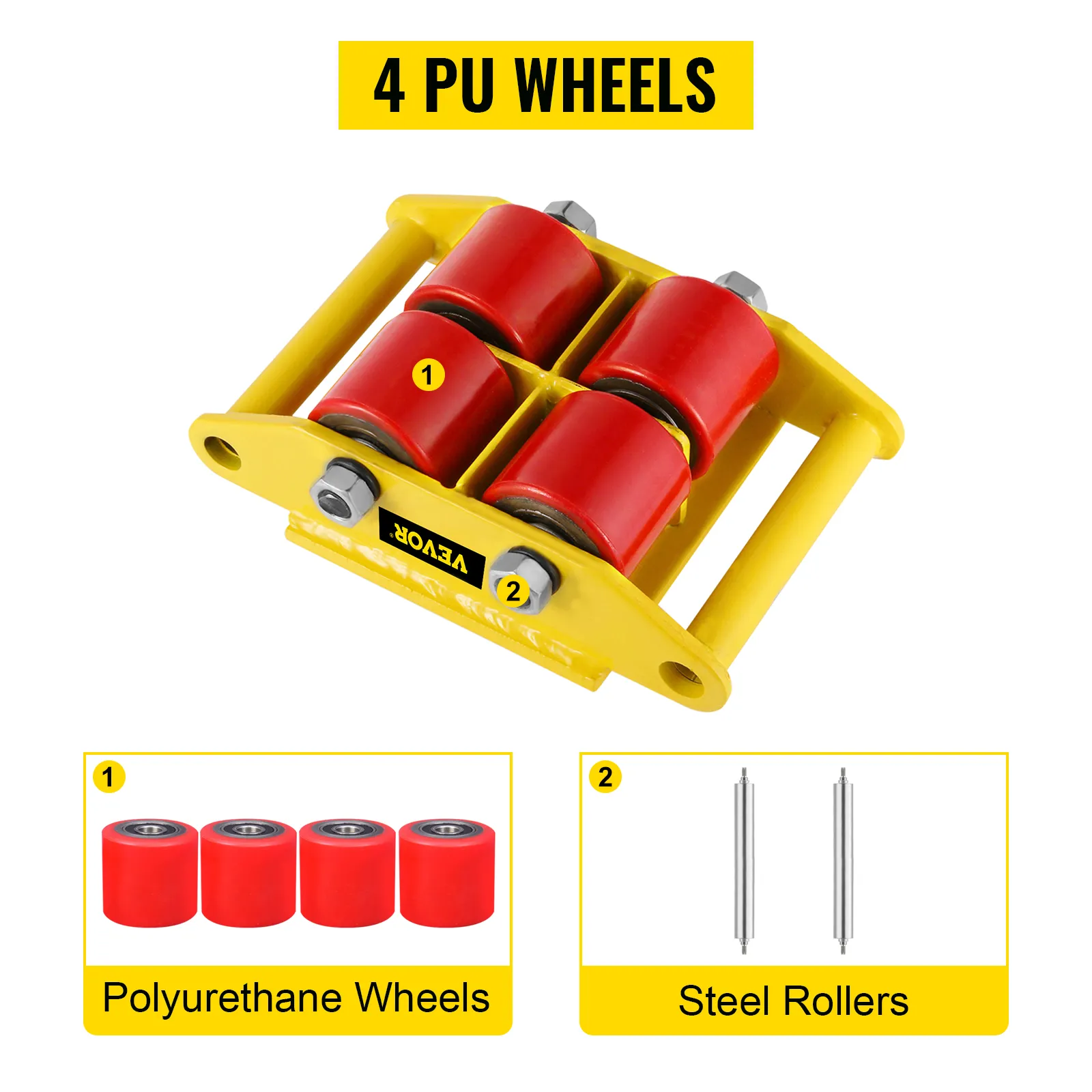 VEVOR industrial machinery moving skate with 4 red pu wheels and steel rollers, labeled background.