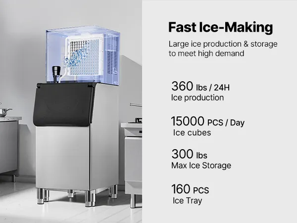 Commercial Ice Maker 360LBS/24H with 300LBS Storage Bin Auto Self-Cleaning