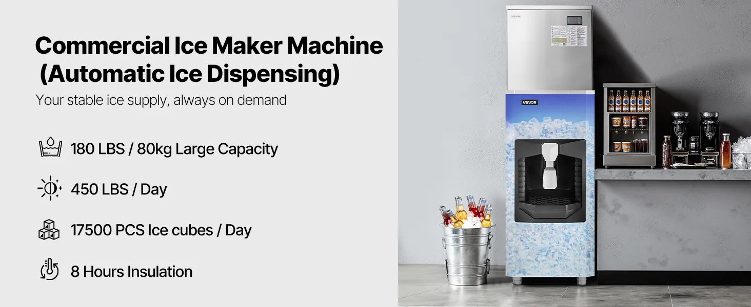 VEVOR Commercial Ice Maker, 450 Lbs/Day Ice-Making Machine, 180 Lbs ...