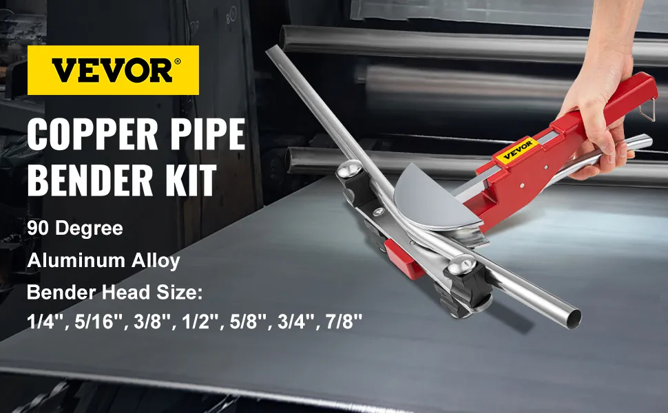 VEVOR pipe bender kit in use with various head sizes for aluminum alloy pipes.