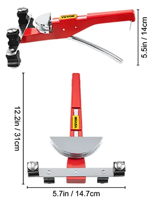 VEVOR pipe bender with dimensions, red and silver, manual operation handle.