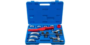 blue carry case with VEVOR pipe bender, red lever, and pipe bending accessories.