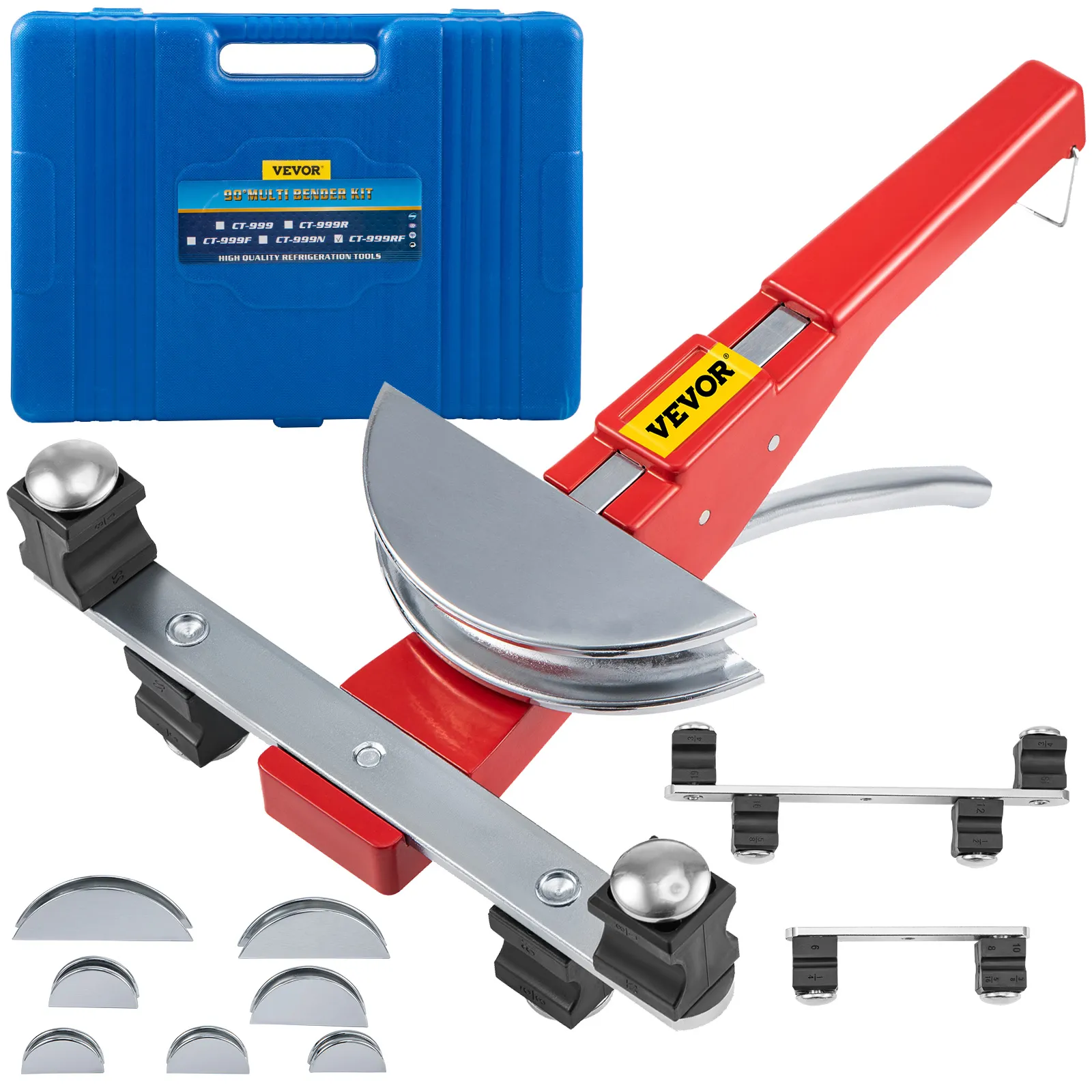VEVOR pipe bender, blue case, red handle, and various bending dies.