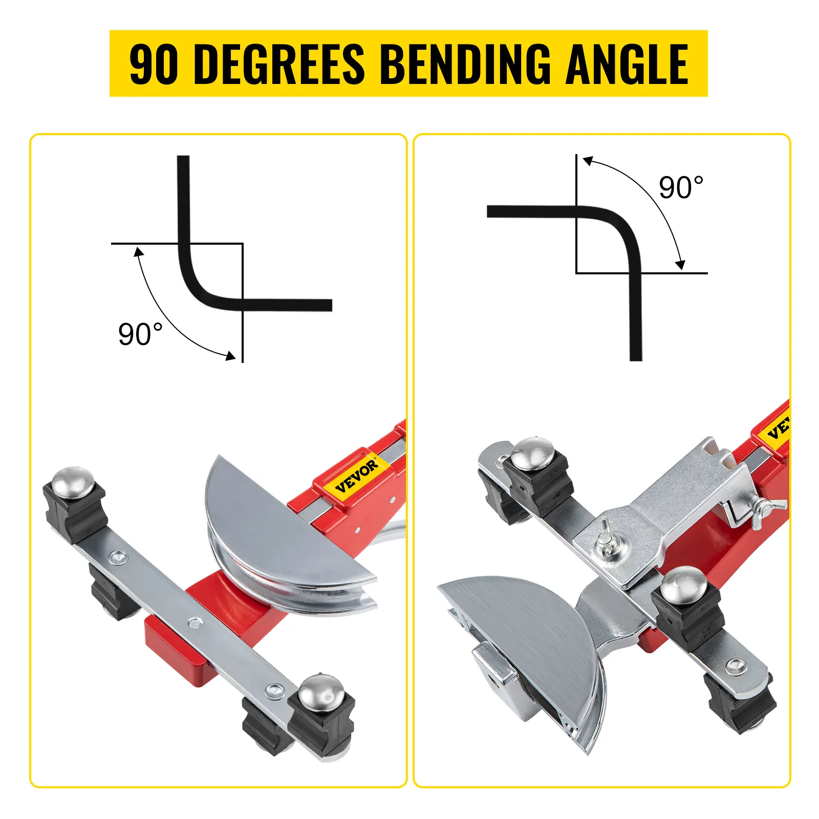 VEVOR pipe bender demonstrating a 90 degrees bending angle with diagram and tool.