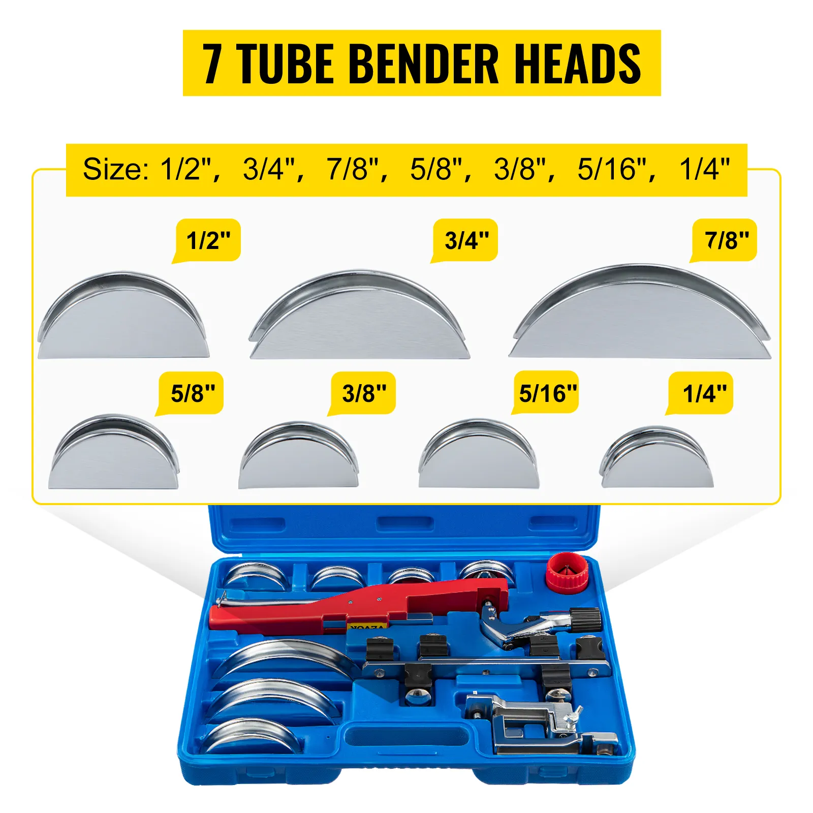 VEVOR pipe bender with 7 tube bender heads and sizes from 1/4" to 7/8" in a blue case.