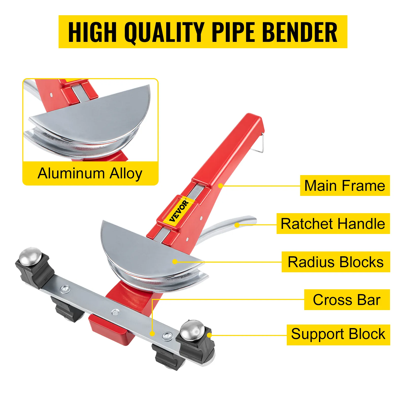 VEVOR pipe bender with aluminum alloy main frame and labeled components